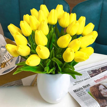 30pcs Artificial Tulips Flowers Real Touch Yellow Tulips Fake Holland PU Tulip Bouquet Latex Flowers for Wedding Party Office Home Kitchen Decoration (Yellow)