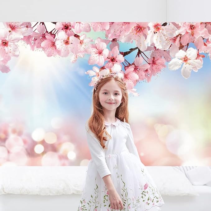 Renaiss 10x7ft Cherry Blossom Floral Backdrop Pink Flower Sunshine Bokeh Romantic Nature Scenery Photography Background for Wedding Bridal Shower Birthday Party Decor Photo Booth Props