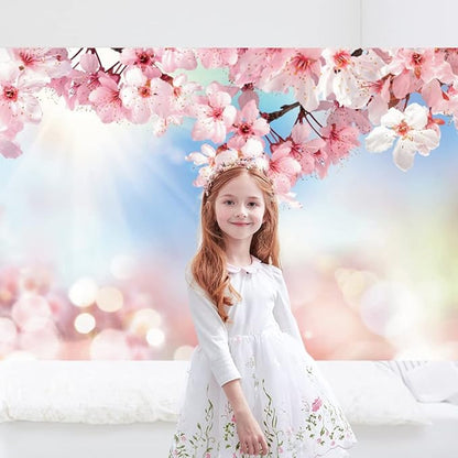 Renaiss 6x4ft Cherry Blossom Floral Backdrop Pink Flower Sunshine Bokeh Romantic Nature Scenery Photography Background for Wedding Bridal Shower Birthday Party Decor Photo Booth Props