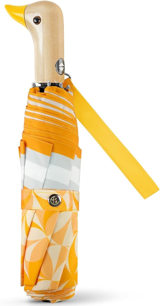 Cute Duck Umbrella Automatic - Compact Pretty Pocket Size Strong Duck Collapsible Umbrella Yellow Wooden Handle for Women