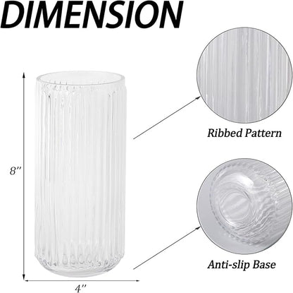 Ribbed Glass Vase, Flower Vases for Bouquet, Clear Glass Vases for Flowers, Modern Ribbed Vase for Living Room, Bathroom, Dining Table, Office, Wedding, Centerpieces, 8 Inches