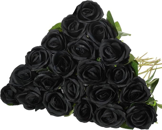 Hotop 20 Pcs Artificial Rose Flowers with Long Stem,Real Touch Silk Realistic Plastic Bouquet Roses Bulk for Home Decor Bridal Wedding Party Table Centerpieces Decorations(Black)
