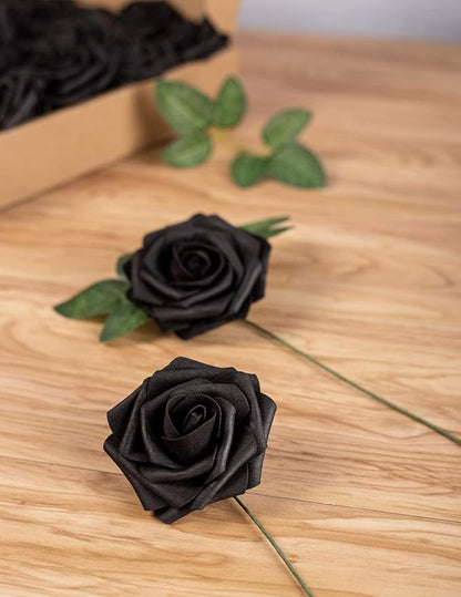 25pcs Artificial Flower Foam Rose Real Touch Roses Flower Heads with Stem for DIY Wedding Bouquets Centerpieces Arrangements Party Baby Shower Home Decor (Black)