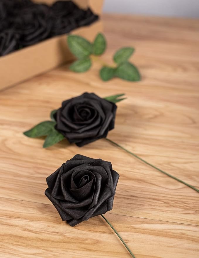 Artificial Flower Black Rose 25pcs Real Fake Rose with Stems Leaves for Home Decoration Party Garden Centerpieces DIY Wedding Bouquets（Black）