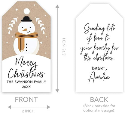Andaz Press Personalized Christmas Holiday Season Classic Gift Tags, Merry Christmas Custom Family Name and Year, Kraft Brown Snowman with Scarf Design, Holiday Events, Parties, and Favors, 60-Pack
