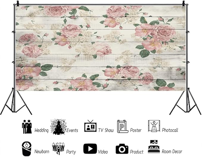 AOFOTO 20x10ft Vintage Wood Plank Rose Flower Photography Background Retro Wooden Board Pink Floral Wedding Backdrop Mother's Day Lady Girl Kid Woman Portrait Valentine's Day Photo Studio Props Vinyl