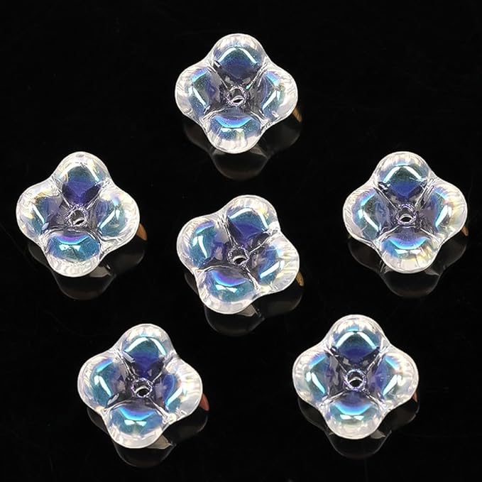100PCS Glass Flower Beads for Jewelry Making 4 Petal Flower Bead Caps Gradient Cute Floral Beads Aesthetic Charms for Necklace Bracelets Earrings DIY Craft Home Decoration-AB White