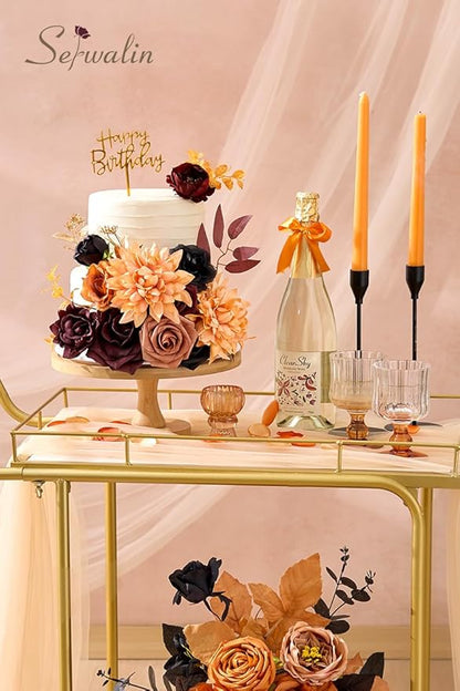 Serwalin Artificial Orange & Black Flowers, Silk Fake Flowers for DIY Wedding Bouquets Cake Flower, Harvest Table Centerpieces Birthday Party Home Halloween Decorations