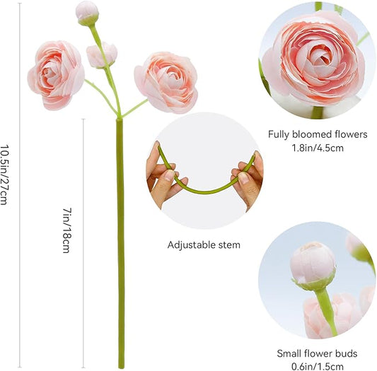 24 Pcs Ranunculus Artificial Flowers 10.5", Mini Faux Silk Ranunculus with Stem, Fake Flowers for Home Decor Indoor Wedding Bouquets Centerpieces (Blush Pink)
