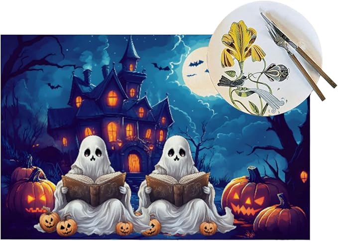 PVC Placemats Set of 1 Wipeable Table Mats Washable Heat Resistant Non Slip Vinyl Dining Table Mat for Kitchen Indoor Outdoor Patio Farmhouse Place Mats Halloween Pumpkin Ghosts Castle Decorative
