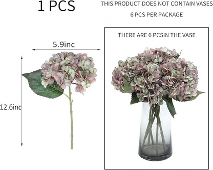 Kimura's Cabin 6pcs Fake Hydrangea Flowers Vintage Artificial Silk Hydrangea Bouquets with Stems Faux Hydrangeas for Wedding Party Home Table Core Decoration (Green Purple, Pack of 6)
