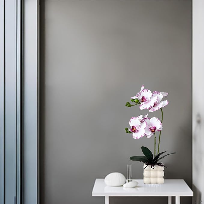 Artificial Orchids in Vase, White Purple Edged, 14 in Height, Home Decor Orchid Artificial Flowers