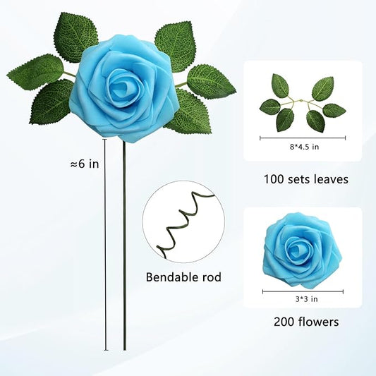 JOYLEX Artificial Flowers Realistic Roses, Real Looking Fake Roses with Stem for DIY Wedding Bouquets Centerpieces Bridal Shower Party Home Romantic Decorations (Light Blue, Regular 3" - 200pcs)