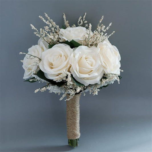 Wedding Bouquet Artificial Roses Flower Bride Bridal Bouquets Handmade Silk Creamy Flower Wedding Bridal Bouquets for Church Party Home Decoration (Cream)