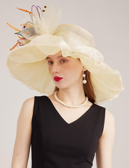 Organza Derby Hats for Women Wide Brim Fascinator Hat Rose Flower Wedding Tea Party Hat