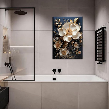 3D Abstract Flower Canvas Wall Art White Floral Texture Poster Prints Serene Blossoms Wall decor pictures for Bedroom and Bathroom Home Decorations Framed (12inx16in Canvas)