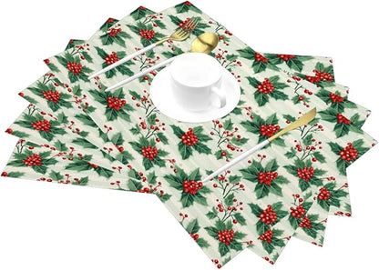 PVC Placemats Set of 6 Wipeable Table Mats Washable Heat Resistant Non Slip Vinyl Dining Table Mat for Kitchen Indoor Outdoor Patio Farmhouse Place Mats Christmas Red Berry Decorative