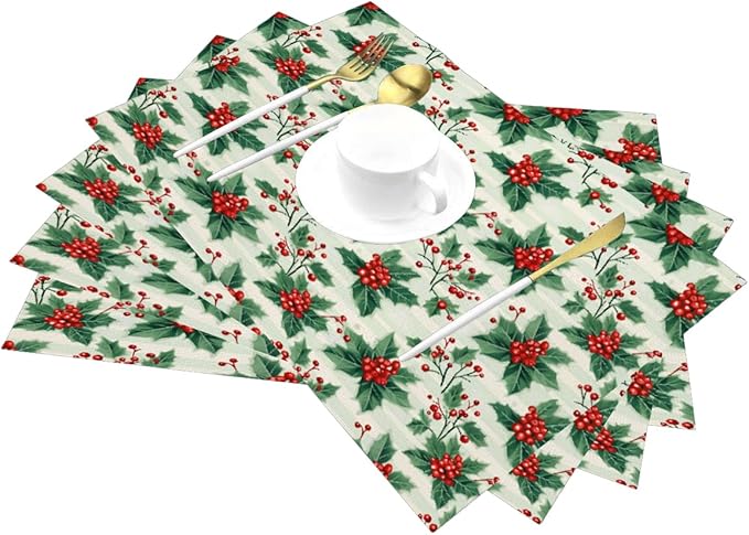 PVC Placemats Set of 1 Wipeable Table Mats Washable Heat Resistant Non Slip Vinyl Dining Table Mat for Kitchen Indoor Outdoor Patio Farmhouse Place Mats Christmas Red Berry Decorative