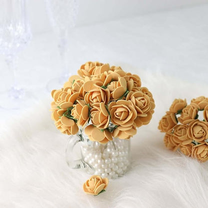 Efavormart 48 Roses | 4" Tall Gold Real Touch Artificial DIY Foam Rose Flowers with Stem, Craft Rose Buds