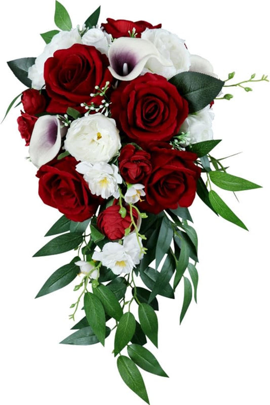 Wedding Bouquet for Bride, White and Wine Red Water Drop Bridal Bouquet Artificial Flowers Roses Cascading Wedding Bouquet for Ceremony Anniversary Party Bridal Shower Wedding Decoration