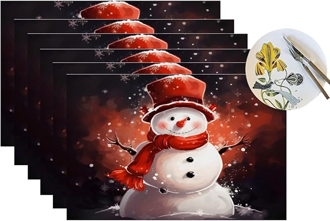 PVC Placemats Set of 6 Wipeable Table Mats Washable Heat Resistant Non Slip Vinyl Dining Table Mat for Kitchen Indoor Outdoor Patio Farmhouse Place Mats Christmas Snowman Red Decorative