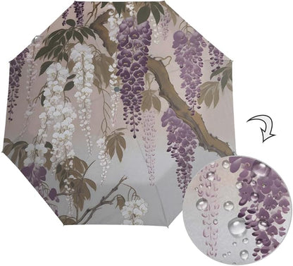 Windproof Travel Umbrella Wisteria Flower Floral Compact Auto Open/Close Folding Umbrellas for Rain
