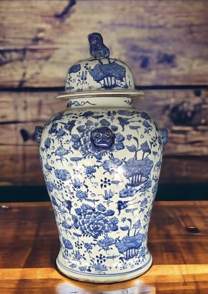 19" Antique Like Finish Blue and White Ginger Jars Porcelain Temple Ceramic Ginger Jar Vase, China Ming Style, Lotus and Flowers Jingdezhen(L5)