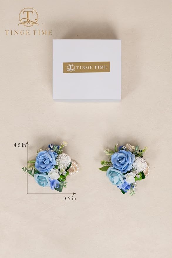 TINGE TIME Set of 2 Wrist Corsage Bracelets Pearl Wristlet Band Bridesmaid Bracelet for Wedding Ceremony Bridal Shower Wedding Artificial Flower Prom (Provence Blue)