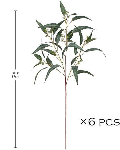 Faux Eucalyptus Stems Willow Eucalyptus Leaves 34” Long Fake Salix Leaves 6 Pcs Artificial Greenery Stems for DIY Bouquet Arrangements Centerpieces Shower Decorations-Artificial Eucalyptus Stems-Green