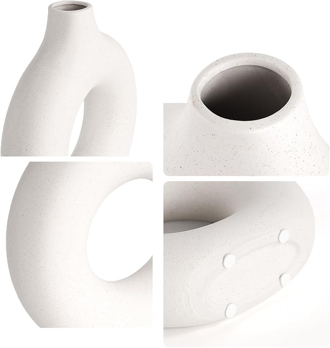 Cream White Donut Vase 9 Inch Hollow Ceramic Vase for Flowers Pampas Grass Home Decor, Modern Minimalist Boho Style Decorative Circle Vase for Living Room, Dining Tabletop, Office, Farmhouse