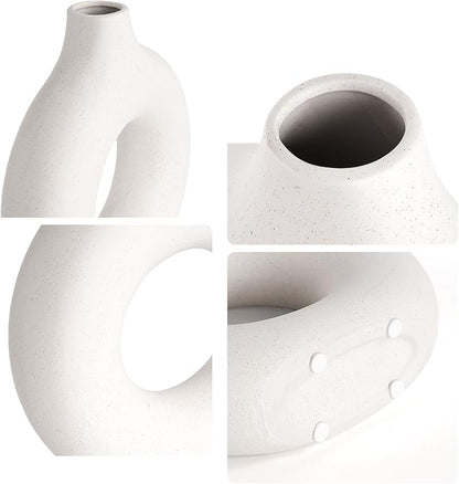 Cream White Ceramic Vase for Home Decor, Donut Vase for Pampas Grass, Dried Flowers, 7.6 Inch Minimalist Boho Flower Vases Decorative for Table, Shelf, Living Room, Dining Room, Farmhouse