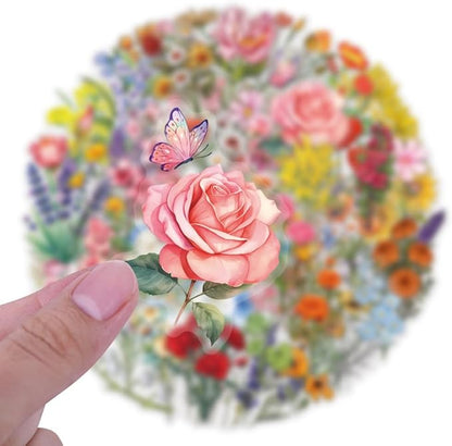 60 Pcs Watercolor Flower Sticker, Self-Adhesive Flowers Stickers Transparent Waterproof PET Floral Decals for Journaling, Scrapbooking, Laptop, Guitar, Water Bottle, Phone Case Aesthetic Decoration