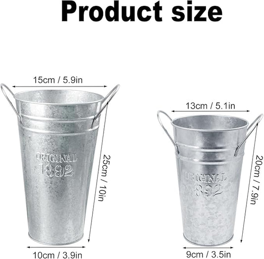 6 Packs 8 & 10 Inch Tall Galvanized Metal Flower Vases with Handles, Metal Flower Buckets for Cut Flowers, Country Wedding, Table Centerpiece Decorations(Sliver)