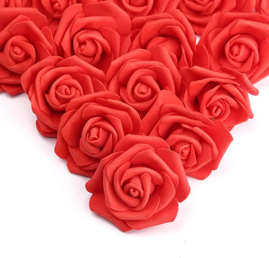 IPOPU 100 Pcs Artificial Flowers Roses Flower Heads Coral Red Foam Fake Roses for DIY Craft Wedding Centerpieces Arrangements Party Baby Shower Cake Decor Home Decorations (Red, Stemless)