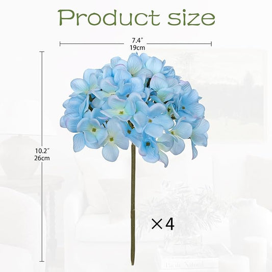 Hollyone Light Blue Silk Hydrangea Artificial Flowers Heads 7.4inch Large Fake Hydrangea 4Pcs Full Faux Flowers with Stems for Wedding Party Table Centerpieces Flower Arrangement Home Decor
