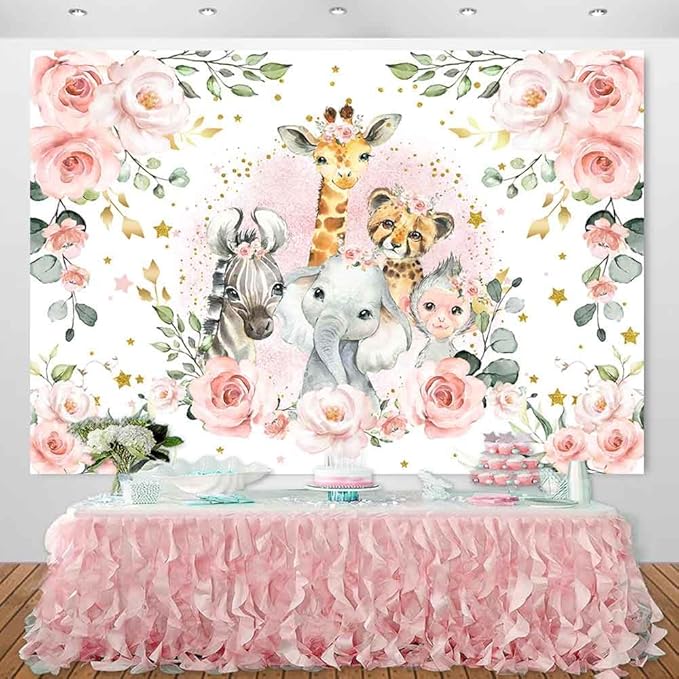 Sensfun Jungle Safari Baby Shower Backdrop It's A Girl Pink Floral Zoo Animals Baby Shower Party Decorations Wild One Birthday Photography Background Cake Table Banner Supplies (5x3ft)