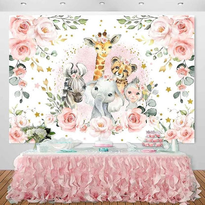 Sensfun Jungle Safari Baby Shower Backdrop It's A Girl Pink Floral Zoo Animals Baby Shower Party Decorations Wild One Birthday Photography Background Cake Table Banner Supplies (7x5ft)