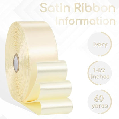 Ivory Satin Ribbon 1-1/2 Inch 60 Yards, Cream Solid Polyester Fabric Ribbons for Eternal Flower Bouquet, Gift Wrapping, Nursery Party, Crafts and Wedding