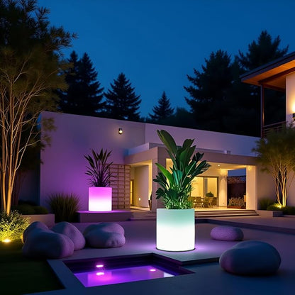 Mr.Go 16-inch LED Flower Pot Light w/Remote, RGB Color Changing Colorful Cylinder Flowerpot, Rechargeable Lighted Planter & Ice Bucket for Home Decor, Garden, Party, Wedding, Gifts
