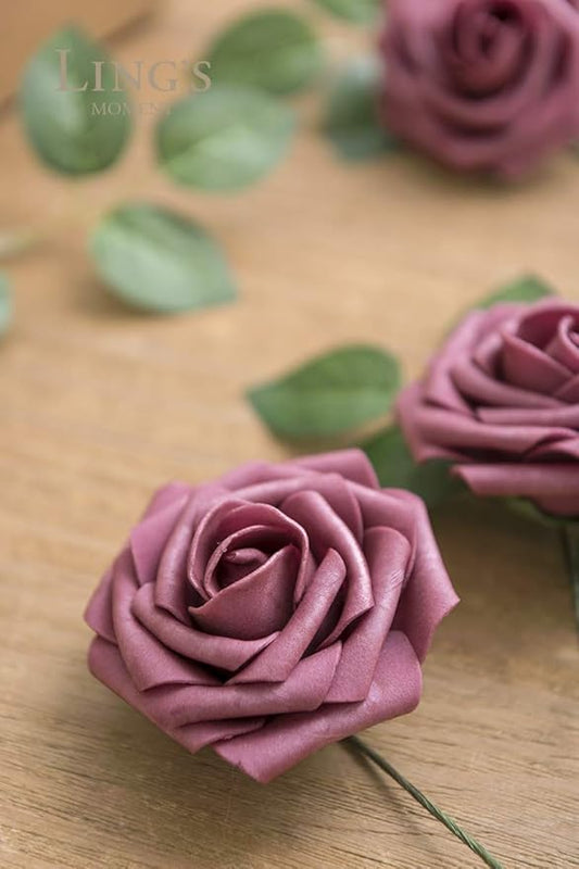 Ling's moment Artificial Flowers 50Pcs Mauve Roses Decor w/Stems,3" Real Touch DIY Foam Floral for Wedding Bouquet/Centerpieces, Outdoors Party Backdrop, Room/Table, and Garden/Pot Decorations