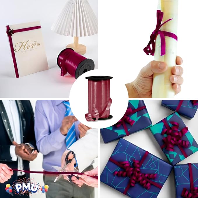 PMU Curling Ribbon - Crimped Texture Curling Ribbons for Gift Box, Birthday Party Decorations, Festival Art Craft & Christmas Décor - Burgundy Marsala 3/8 Inch X 250 Yards, Pkg/3