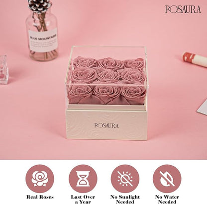 Rosaura Square Preserved Roses Gift Box - Real Forever Flowers in Clear Acrylic Lid, Valentine's for Women (Cappuccino, 9 Roses)