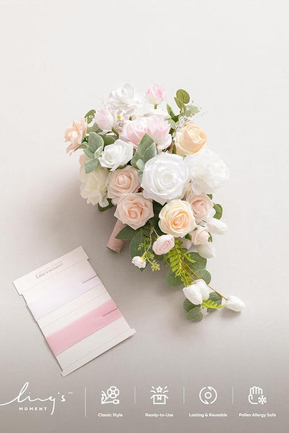 Ling's moment Blush Pink Bridal Bouquet Cascading, Coral Wedding Bouquets for Bride, 13 Inch Bride Bouquets for Wedding Artificial Flowers Bouquets