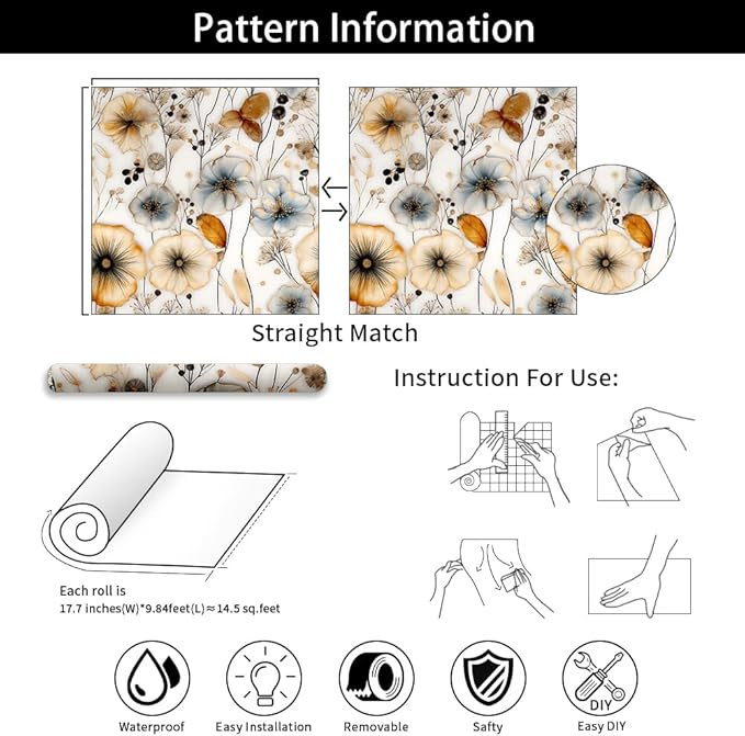 Watercolor Floral Peel and Stick Wallpaper Amber and Blue Leaf Gold Self Adhesive Removable Floral Wall Paper Renter Friendly Contact Paper for Bedroom Bathroom Walls Shelf Liner 17.71"X118.1"