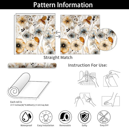 Watercolor Floral Peel and Stick Wallpaper Amber and Blue Leaf Gold Self Adhesive Removable Floral Wall Paper Renter Friendly Contact Paper for Bedroom Bathroom Walls Shelf Liner 17.71"X236.2"