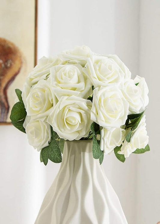 25pcs Artificial Flower Foam Rose Real Touch Roses Flower Heads with Stem for DIY Wedding Bouquets Centerpieces Arrangements Party Baby Shower Home Decor (Ivory)