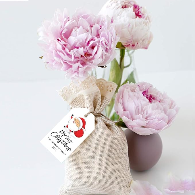 Andaz Press Personalized Christmas Holiday Season Classic Gift Tags, Merry Christmas Santa Claus with Christmas Sack Design, Custom Family Name and Year, Holiday Events, Parties, and Favors, 60-Pack