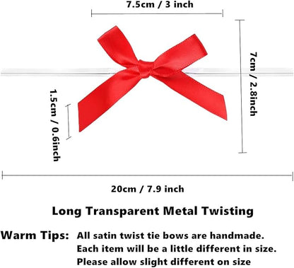 50 Pack 3" Red Ribbon Twist Tie Bows, Pre Tied Bows for Gifts, Bow Ties for Bags, Twist Bows for Treats, Bow Twist Ties, Ribbon Bows with Twist Ties, Pretied Bows for Lollipops, Cake Pops