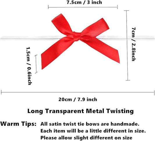 50 Pack 3" Red Ribbon Twist Tie Bows, Pre Tied Bows for Gifts, Bow Ties for Bags, Twist Bows for Treats, Bow Twist Ties, Ribbon Bows with Twist Ties, Pretied Bows for Lollipops, Cake Pops