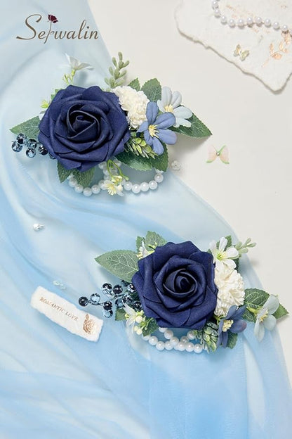 Serwalin 2Pcs Dark Blue Wrist Corsage for Wedding, Corsages Wristlet for Bridesmaid Mother Grandmother, Artificial Flowers for Prom Ceremony Anniversary